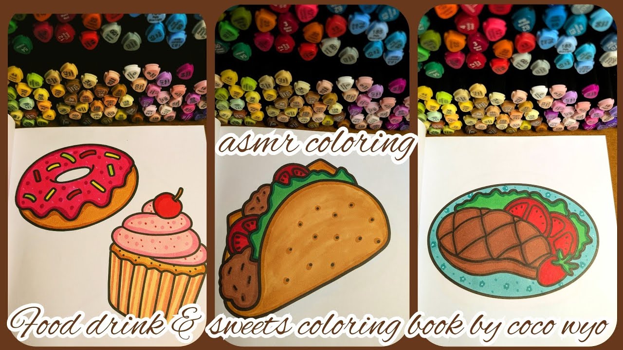 ASMR Coloring no talking no music 💆‍♀️ Food drink & sweets coloring book by coco wyo 🌈