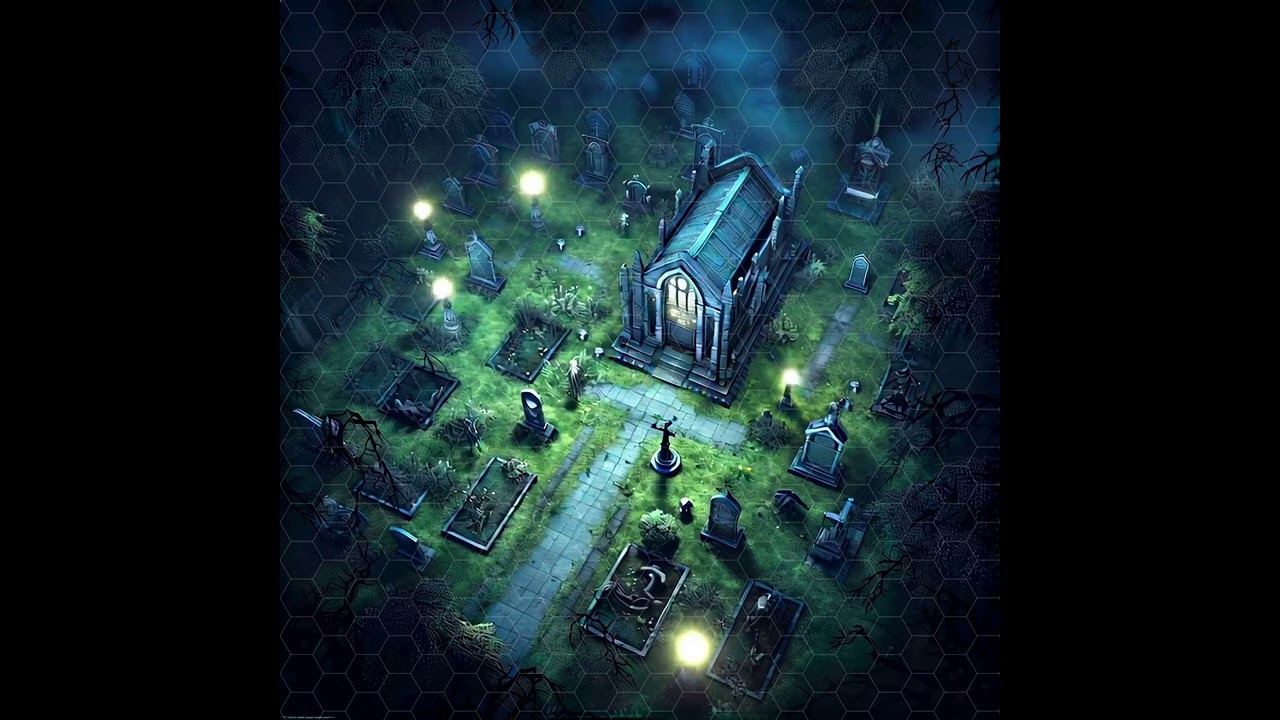 DnD compatible animated map _ Eerie Graveyard Scene At Night _ hex grid _ ambience for VTT