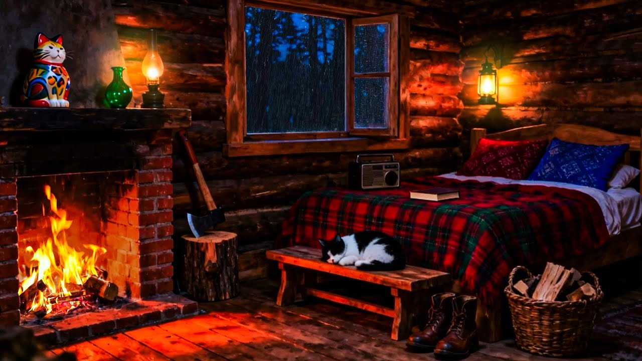 A Warm Wooden Bedroom With an Old Brick Fireplace🌧️Rain Outside the Window Gently Lulls You to Sleep