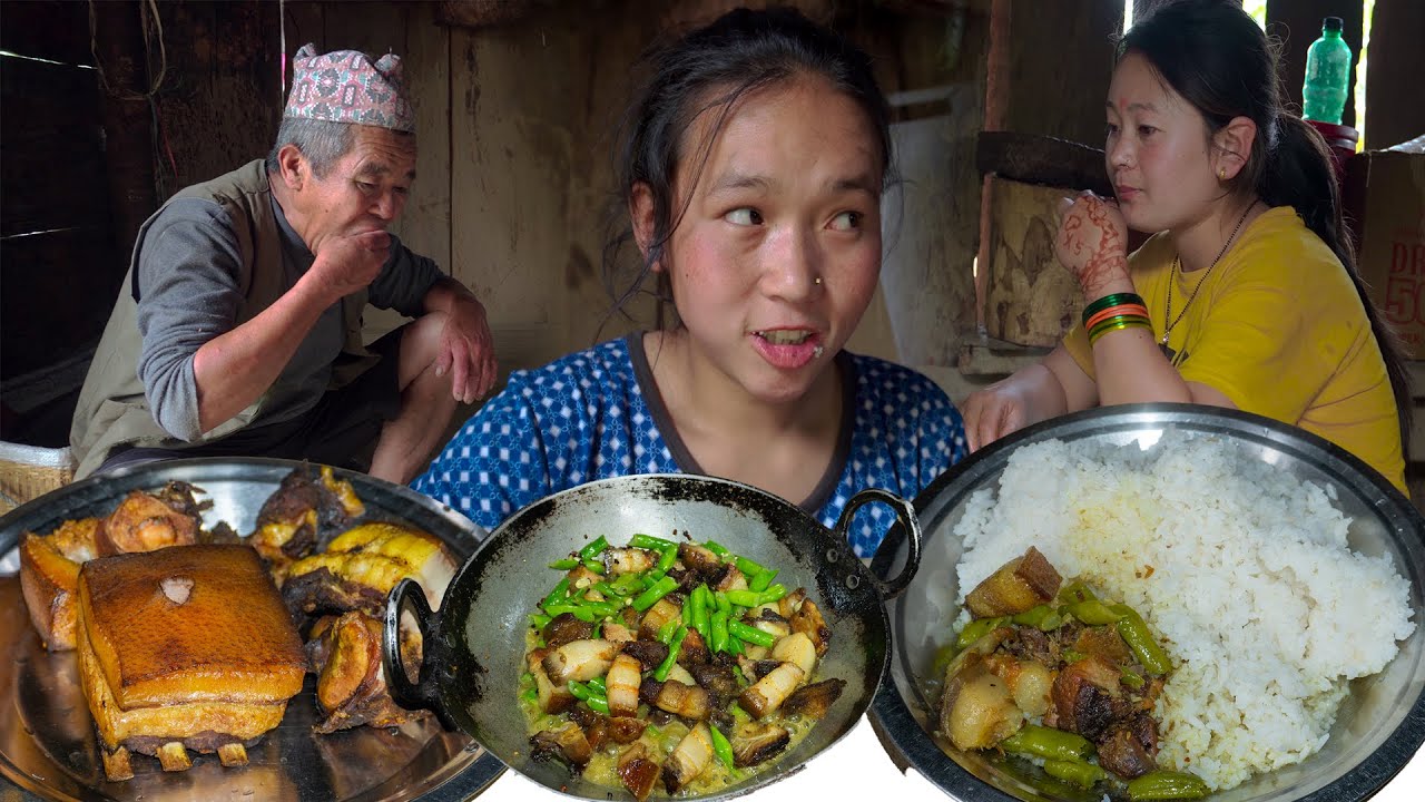 Pork Dry Meat & Green Beans recipe | Cooking & Eating in Village style | Nepali food | Village vlog