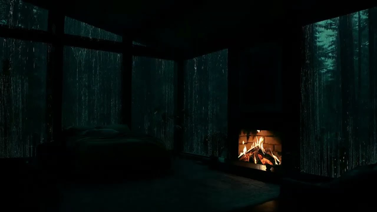 Rainy Night Wrapped in Cozy Fireplace Ambience for Deep Sleep