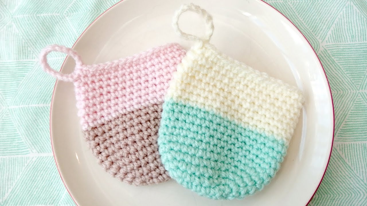 【かぎ編み】100均材料のエコたわしの編み方How to crochet a acrylic dish scrubber