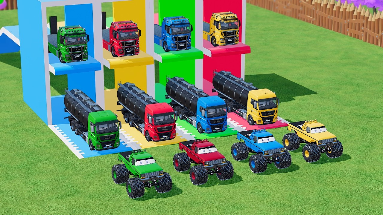 Garage with Colors - ALL MIXER TRUCK WITH DOUBLE FLATBED TRAILER TRUCK, MAN, TANKER TRUCK, KAMAZ