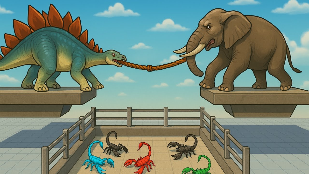 🔥 Stegosaurus vs Elephant Tug of War Over Deadly Scorpion Pit! 🦖🦂  Animal Revolt Battle ARBS