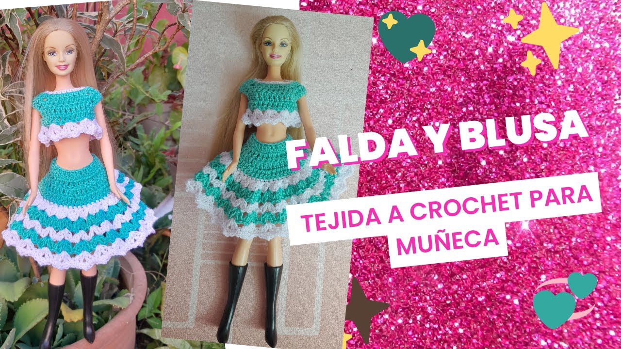 Falda y Blusa en Verde/ Blanco Tejida a Crochet para Muñeca. Facil.