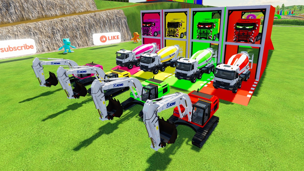 Garage With COlors - ALL COLORFUL XCMG EXCAVATOR, MERCEDES AROCS MIXER TRUCK TO COLORFUL GARAGE#fs22