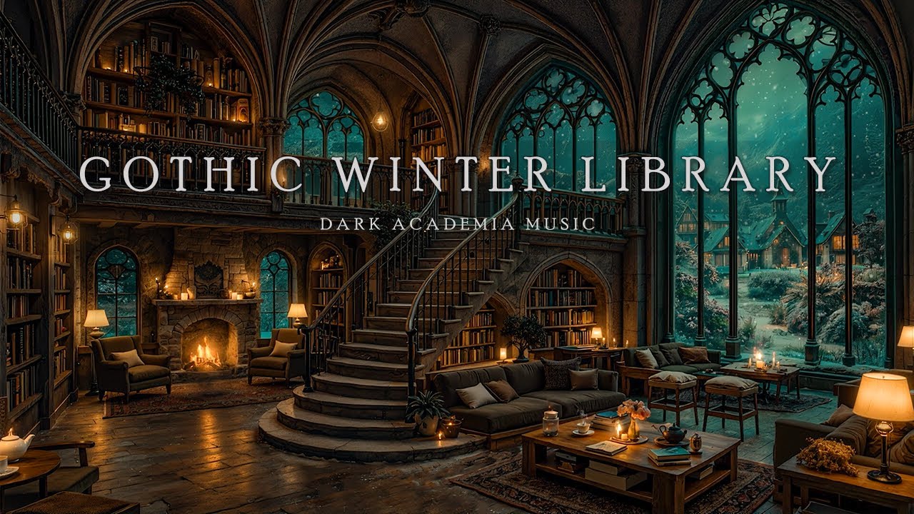You’re Reading in a Quiet Gothic Library❄️Snowfall & Fireplace Ambience | Dark Academia Winter Music