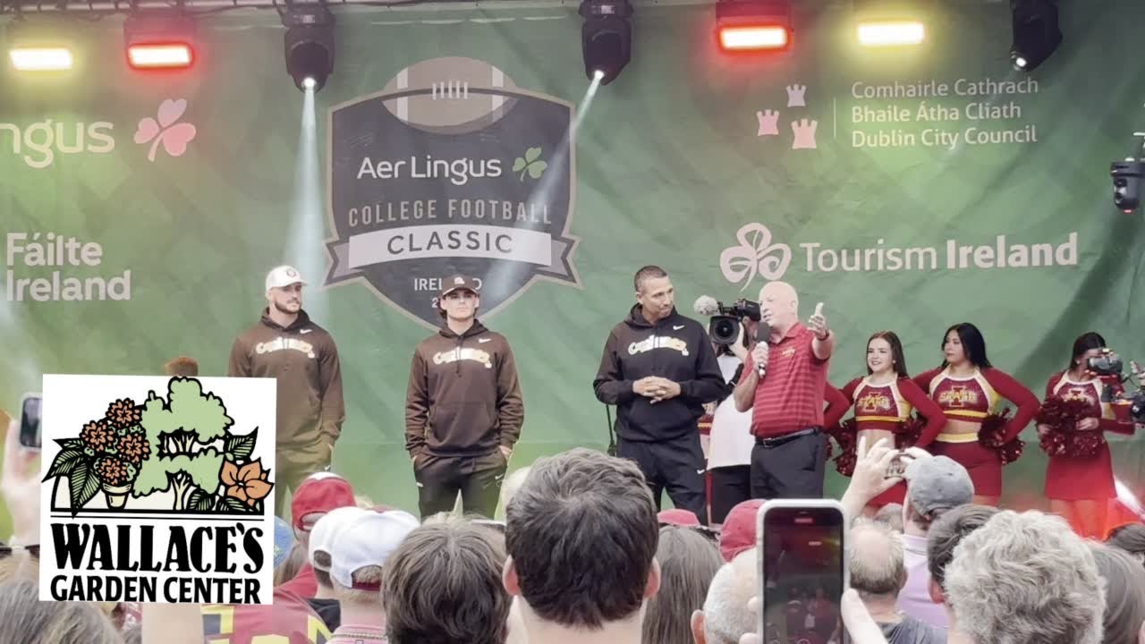 Iowa State's Matt Campbell, Rocco Becht, Caleb Bacon talk at Ireland pep rally