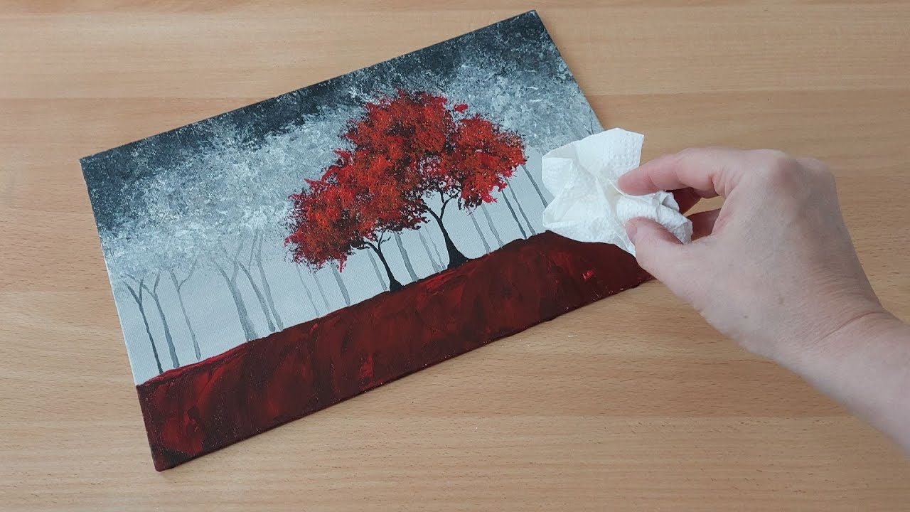 Red Tree | Black and White Abstract painting for Beginners | STEP by STEP Tutorial | DeOli art