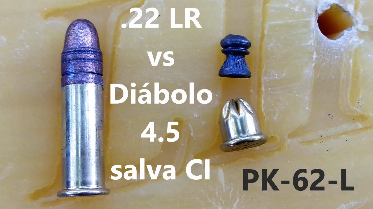 Calibre 22  LR vs diábolo Mendoza 4.5 impulsado por salva 22 CI disparado con pistola PK-62-L