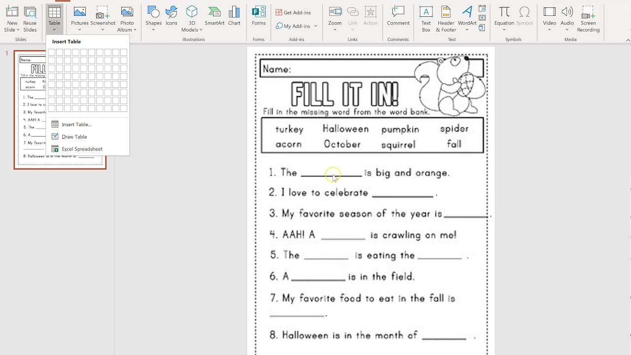 How to create a worksheet in Microsoft PowerPoint