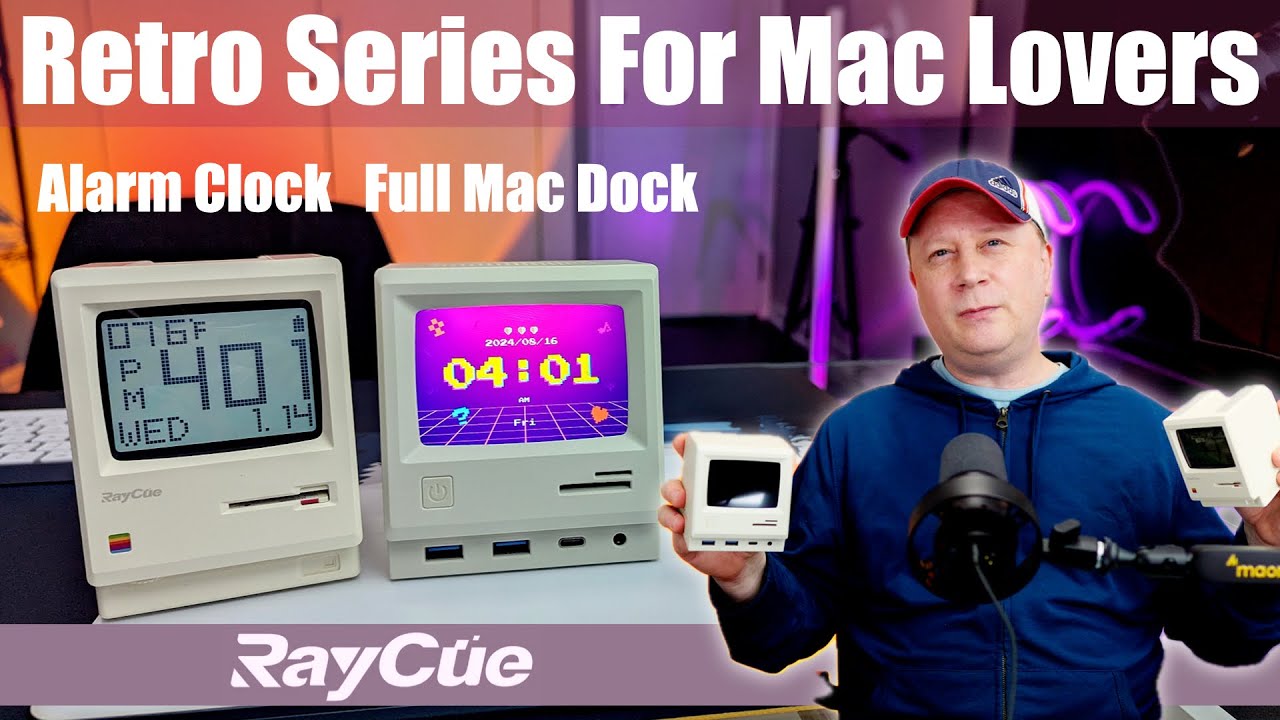Retro Mac USB-C Docking Station with Screen & Retro Mac Alarm Clock by RayCue.  Fun For Your Desk.