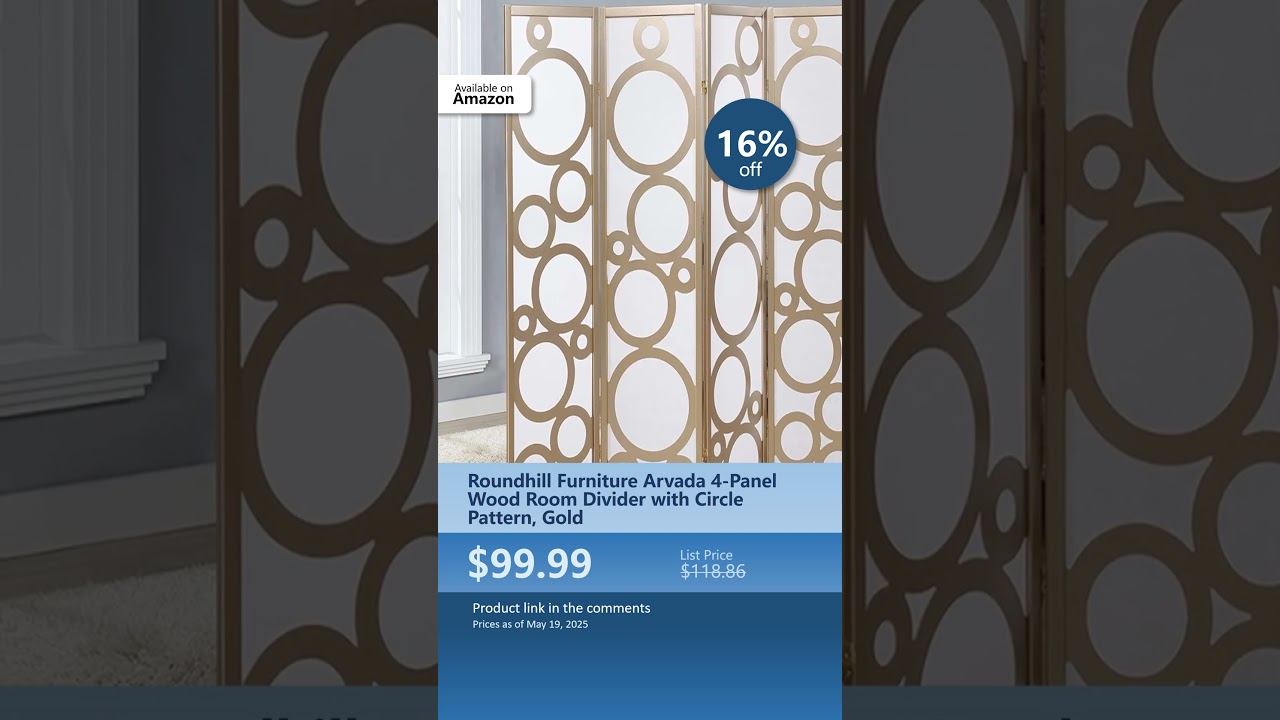 Roundhill Furniture Arvada 4-Panel Wood Room Divider with Circle Pattern, Gold
