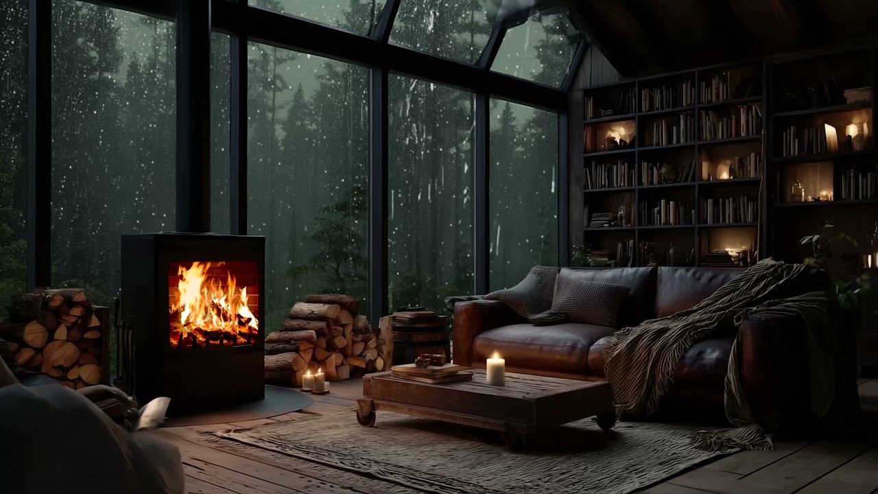 Night Rain and Warm Fireplace Glow for Relaxing Music and Restless Mind Relief
