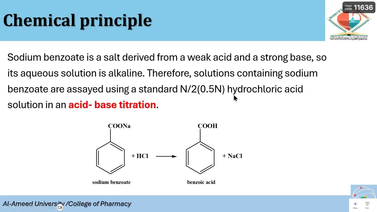 صيدلة / مرحلة ثالثة / assay of sodium benzoate