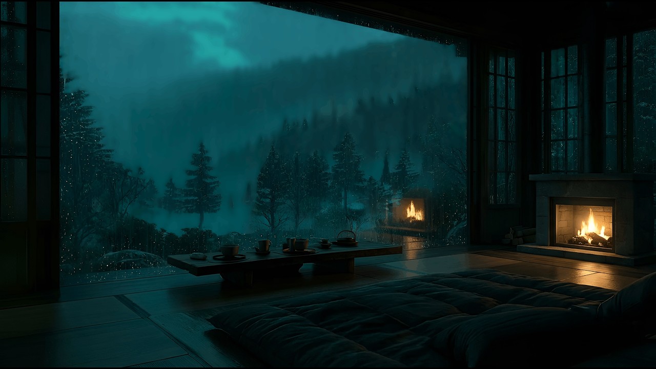 Rain Sounds Outside at Night | Cozy Fireplace Ambience | Deep Sleep & Relaxation 1 Hour