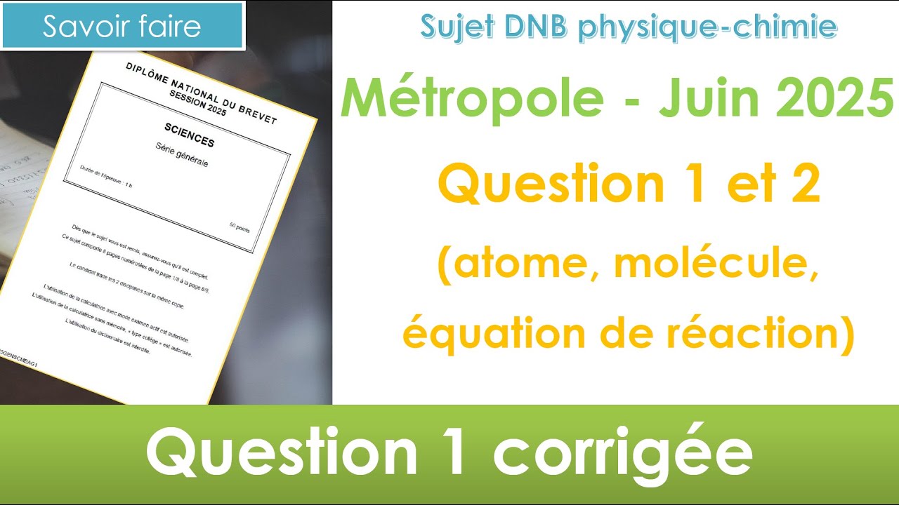 DNB métropole 06/25 physique-chimie / Q1 et Q2 corrigées (atome, molécule, équation de réaction)