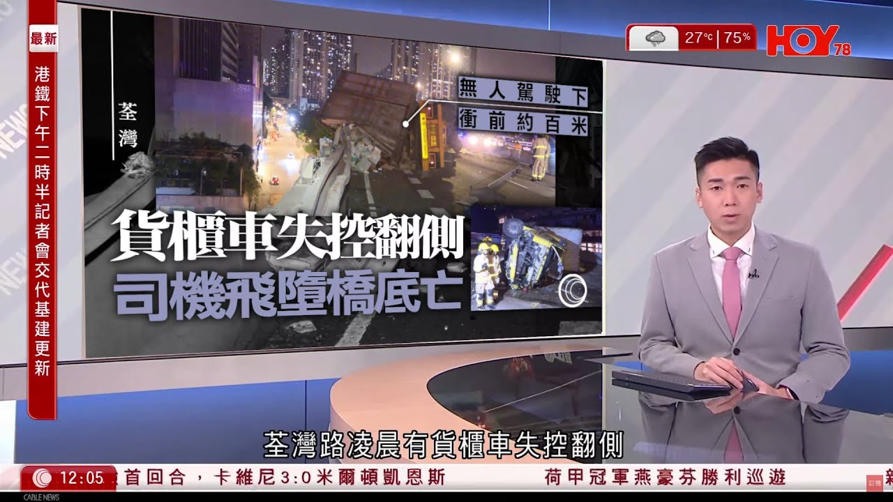 有線新聞 午間香港新聞｜荃灣貨櫃車失控翻側卡在天橋欄杆  司機拋出車外墮橋亡｜對面行車線的的士和客貨車及時避開｜即時新聞｜港聞｜兩岸國際｜資訊｜HOY TV NEWS｜ 20240508