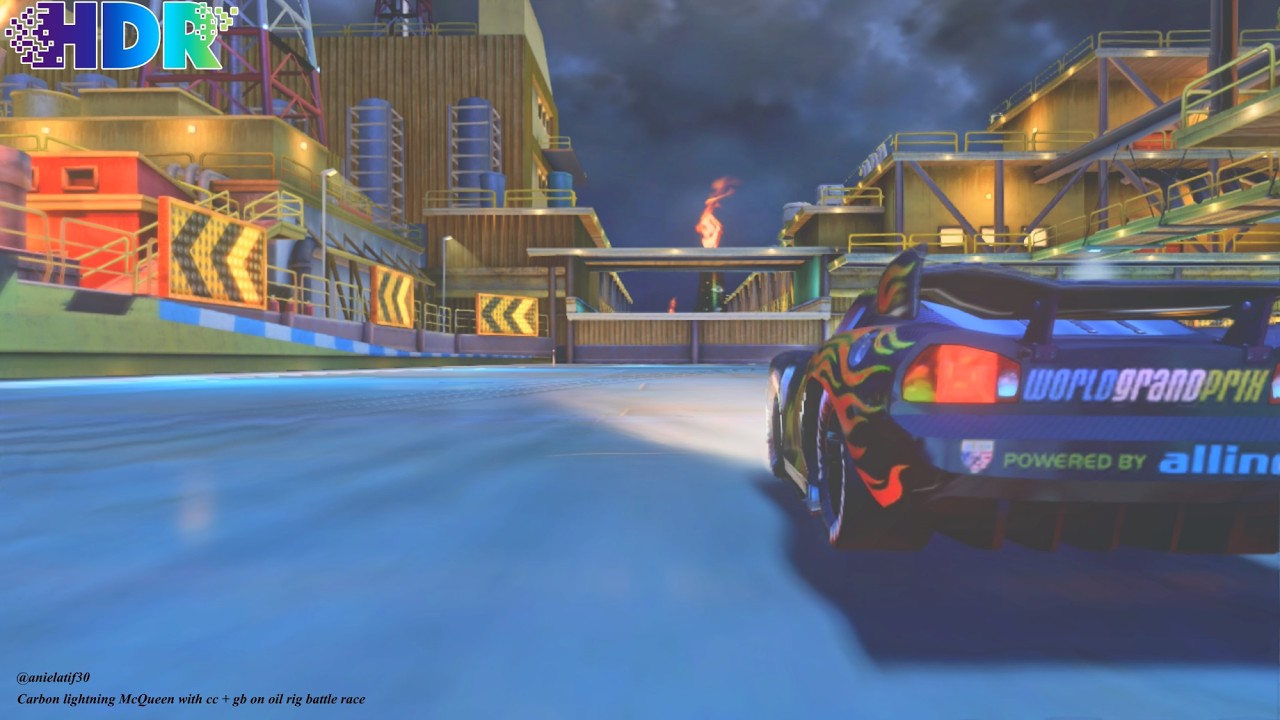 [HDR] Carbon lightning McQueen with cc + gb on oil rig battle race 9 Laps