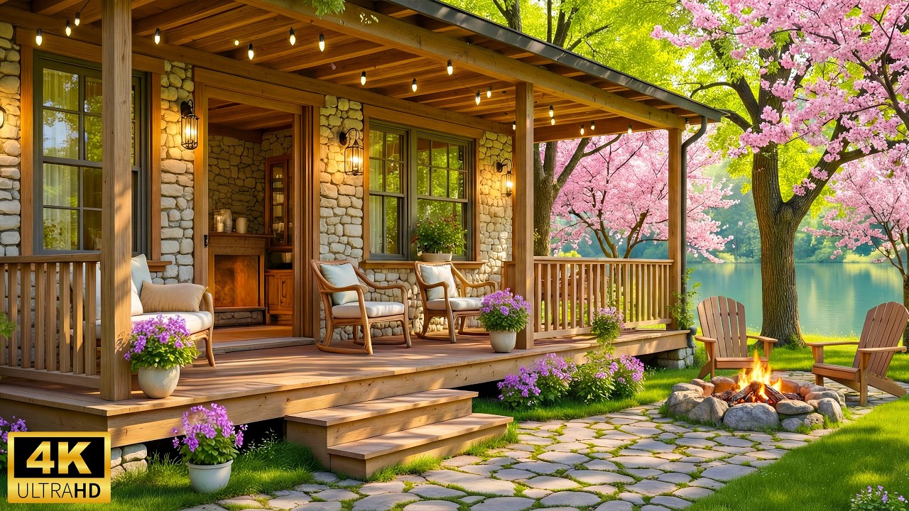 🌿Spring Morning Cabin by the Lake🌷Soothing Piano Music with Crackling Fire Pit & Birdsongs for Relax