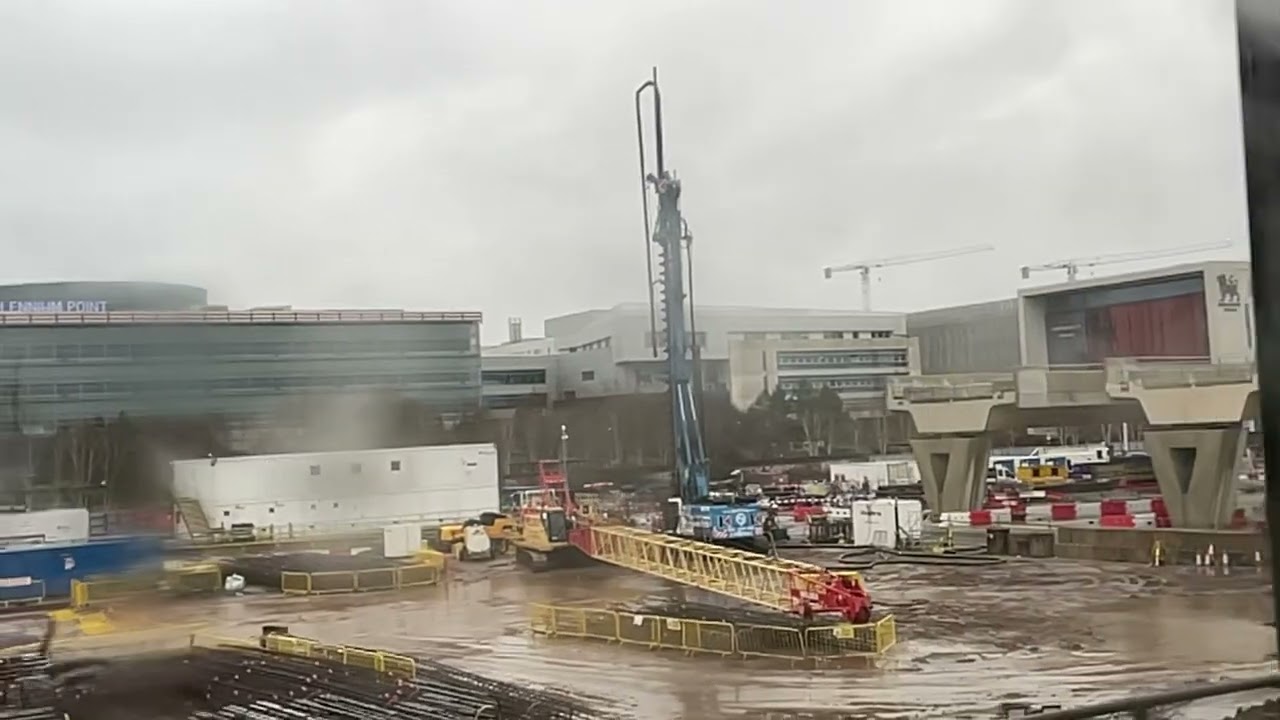 Slow motion HS2 works at Curzon Street December 24 on a very wet and windy day.