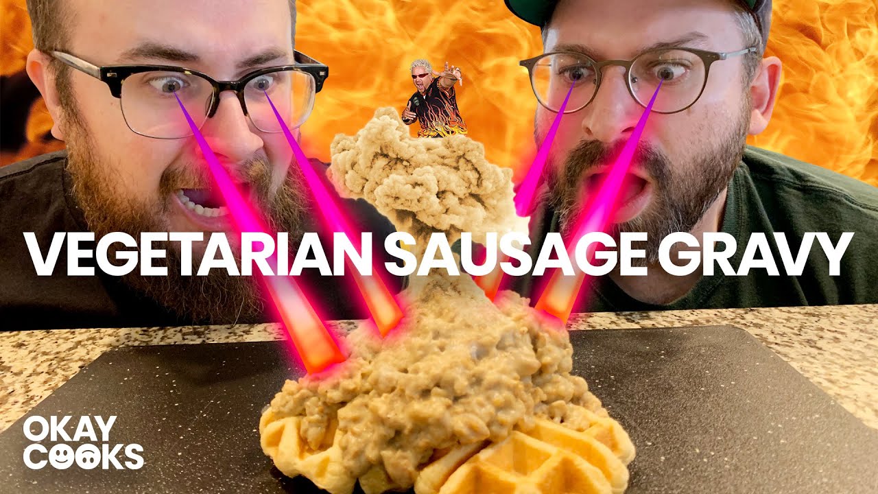 BEYOND SAUSAGE GRAVY AND BISCUIT WAFFLES | BEST Vegetarian Sausage Gravy Recipe | OKAY COOKS