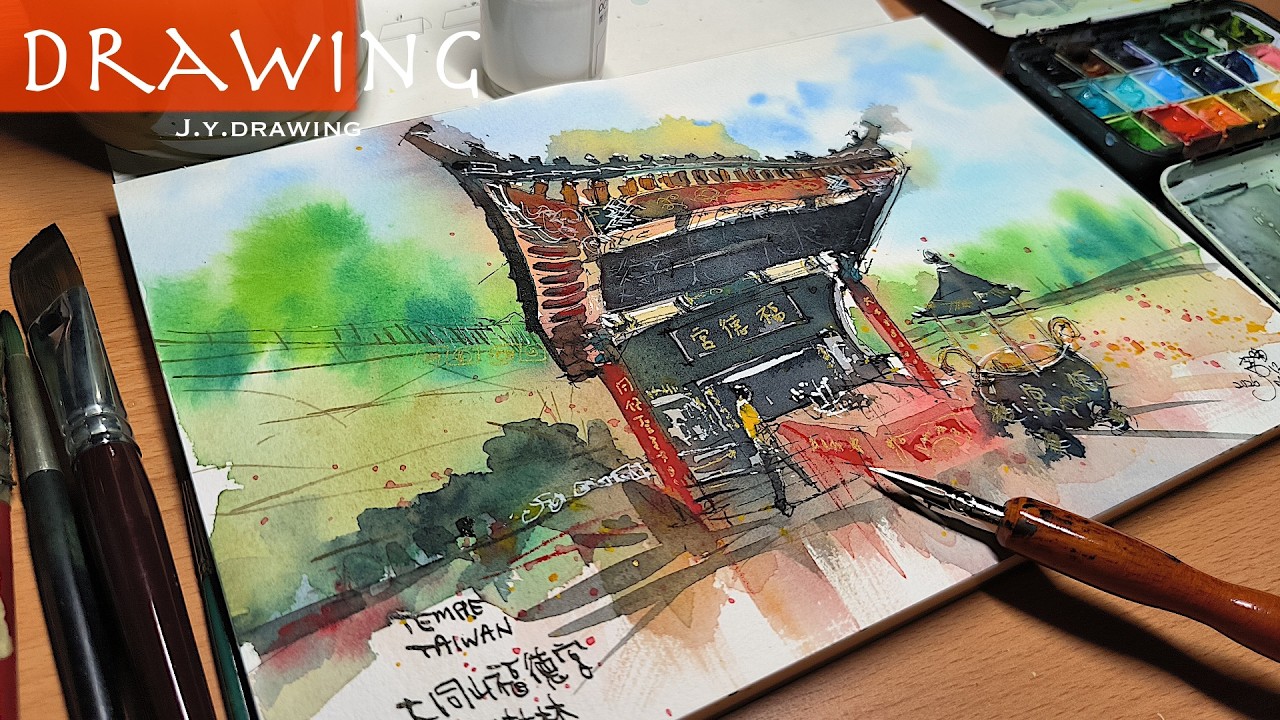 Watercolor and Dip Pen Drawing a Temple | ASMR