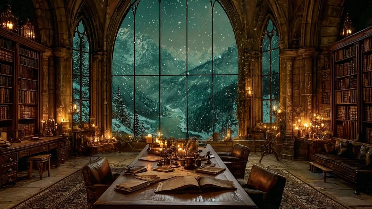 Victorian Library Overlooking Snowy Mountains | Candlelight, Books & Dark Academia Music for Focus