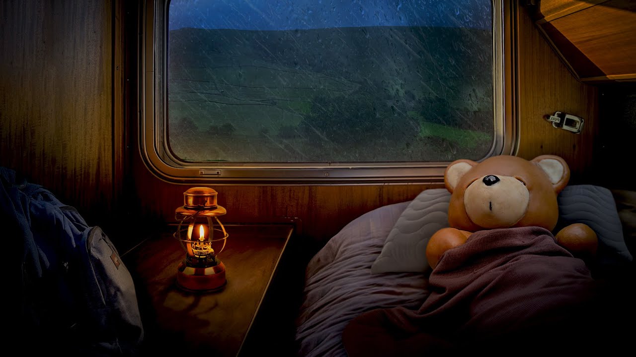 Rain on Train at Night with Light Thunder for Insomnia | Rain Sounds for Sleeping