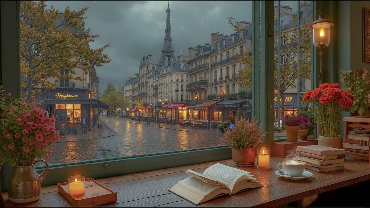 Warm Winter Café Space | Relaxing Jazz Piano Music and Sound Rain for Deep Study and Focus