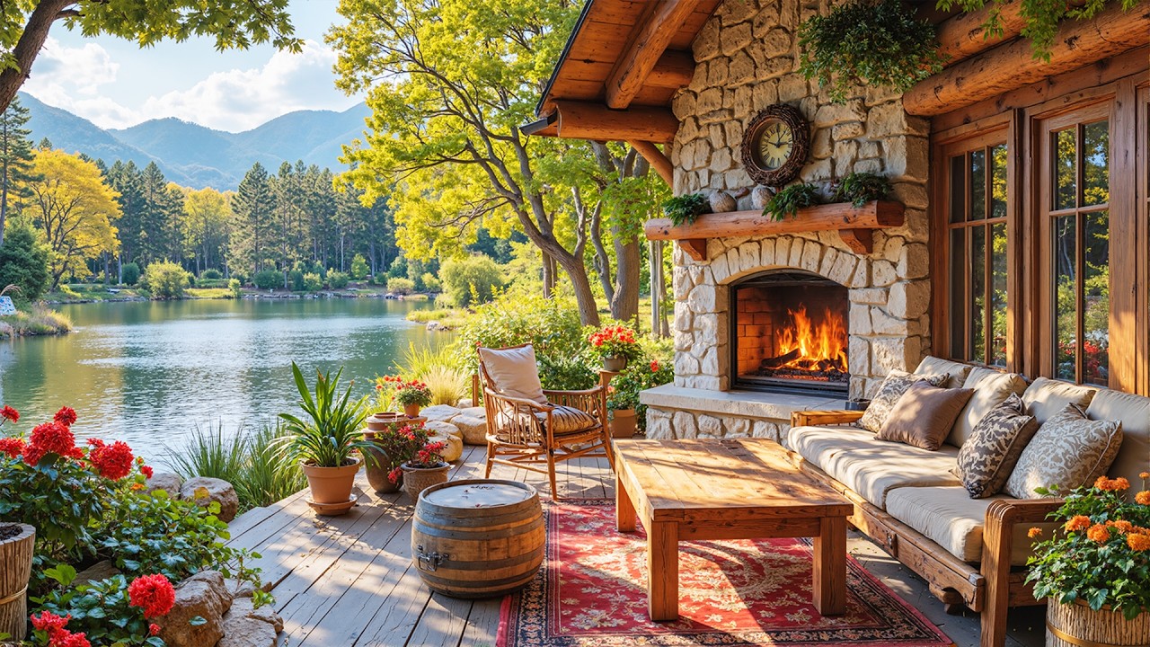 Gentle Piano Music and Crackling Fireplace for Stress Relief 🌸 Cozy Porch Ambience on a Spring Day