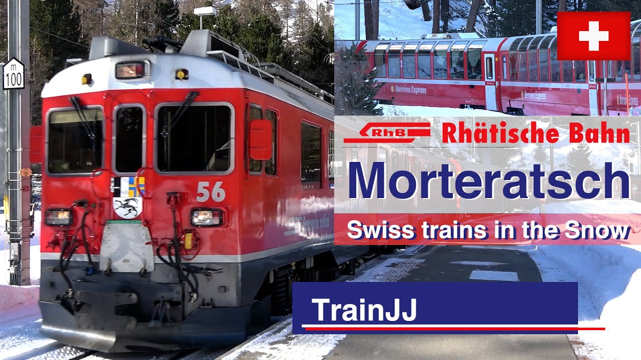4K Swiss Trains in the Snow | Bernina Express - RhB Rh&auml;tische Bahn | Morteratsch Switzerland