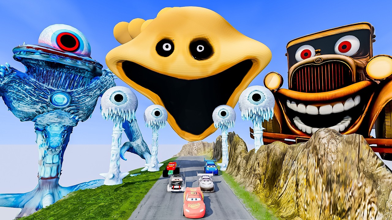 ALL Giant Mater & Yellow Worm vs Broken Bridge with Ice Cyclops BeamNG.Drive