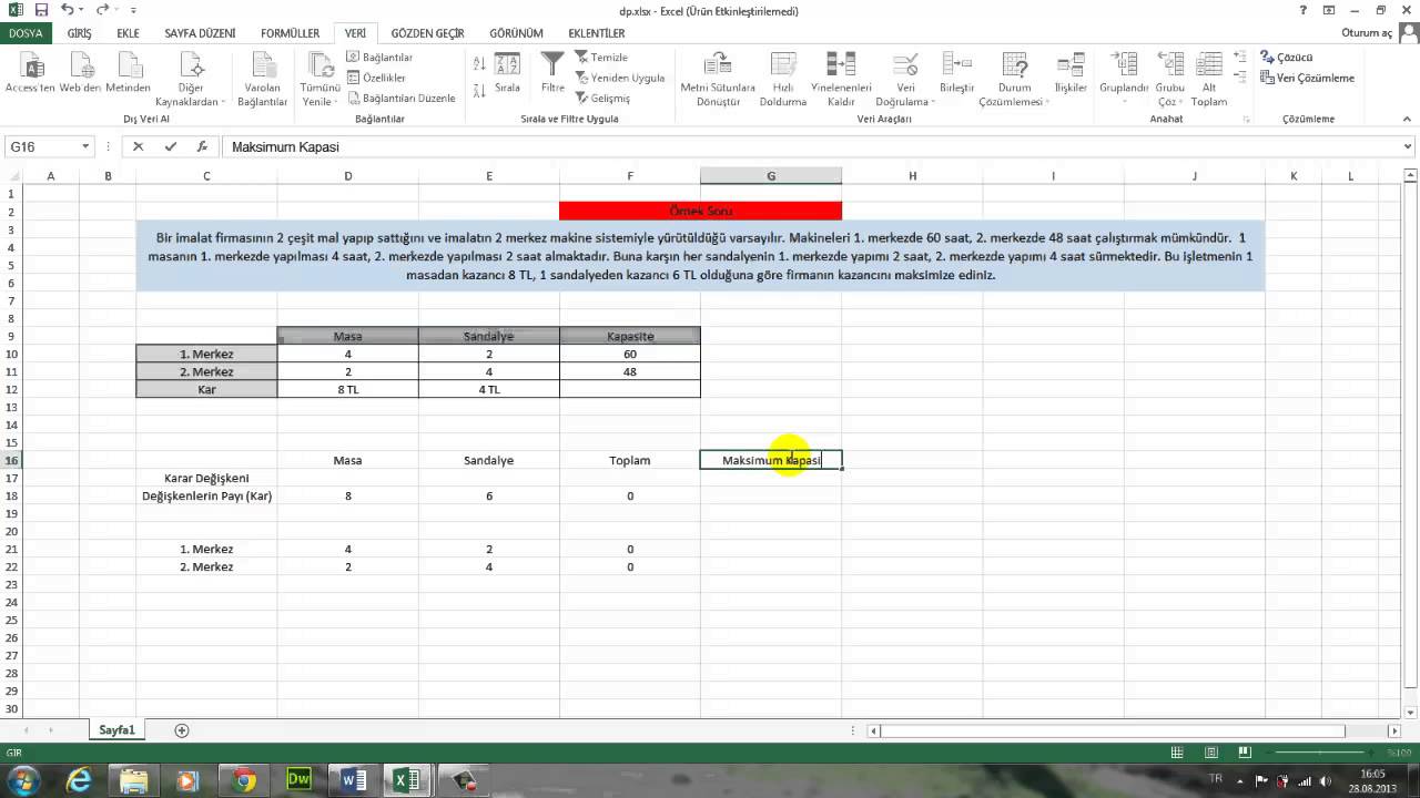 Excel Doğrusal Programlama Linear Programming