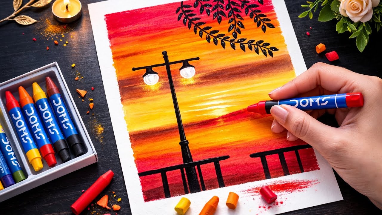 Simple Sunset Landscape Drawing 🌄 Oil Pastel Colour Art Step by Step for Beginners #drawing 