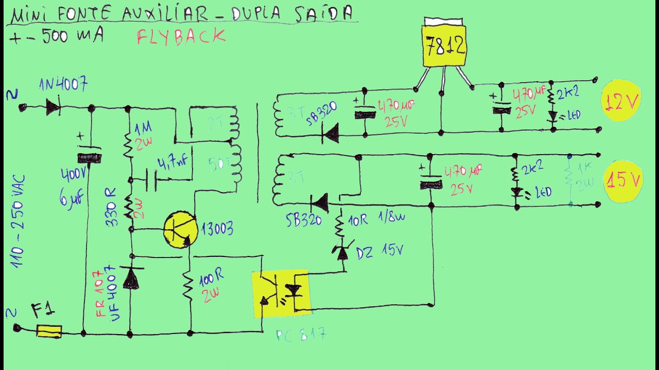 Mini Fonte Auxiliar Automática Bivolt (110/220V) | Saídas Isoladas 12V e 15V