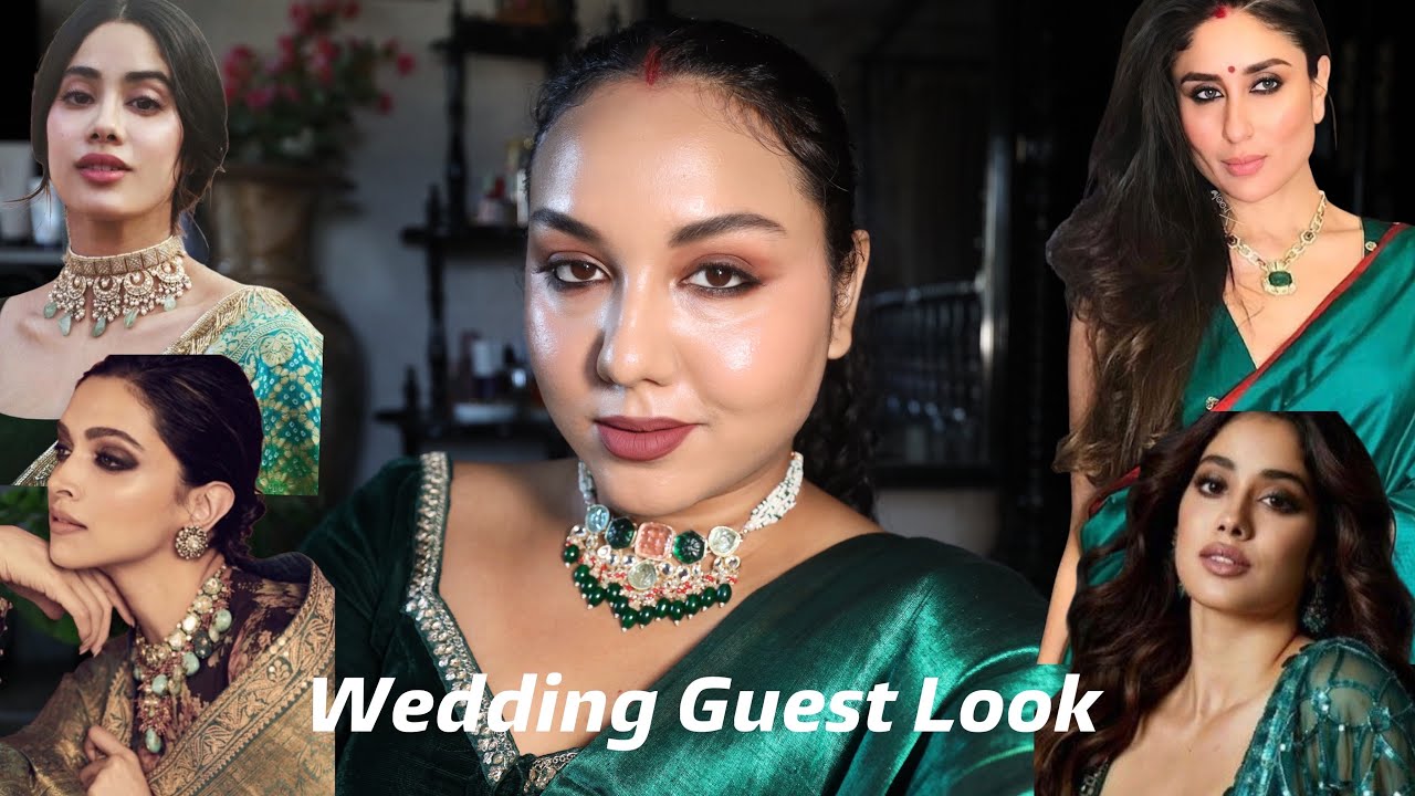 Bollywood celebrities inspired wedding guest makeup look ( Green saree + Soft glam makeup )