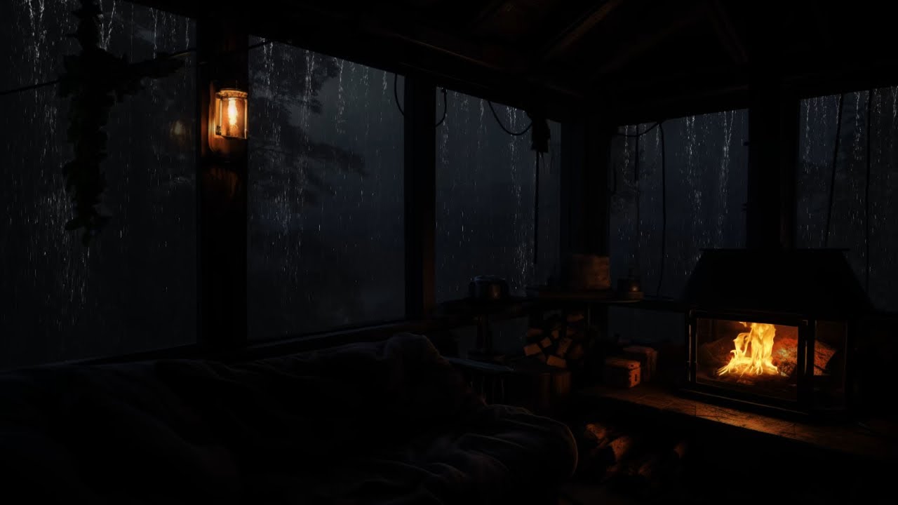 Cozy Rainy Cabin Night 🔥 Soft Fireplace Crackles & Rain Sounds for Sleep