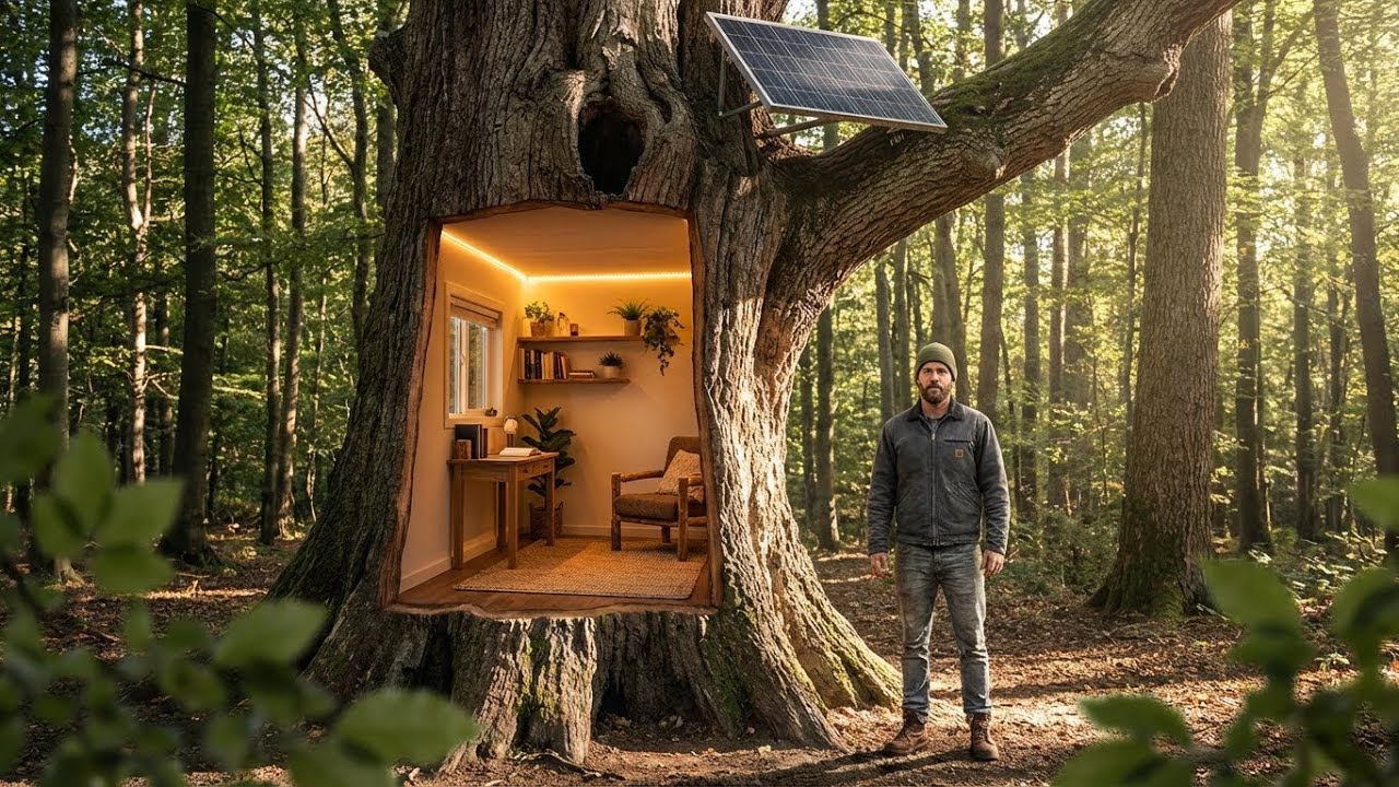 Building a modern cabin inside a hollow oak tree (ASMR) - This man built a hidden home by himself