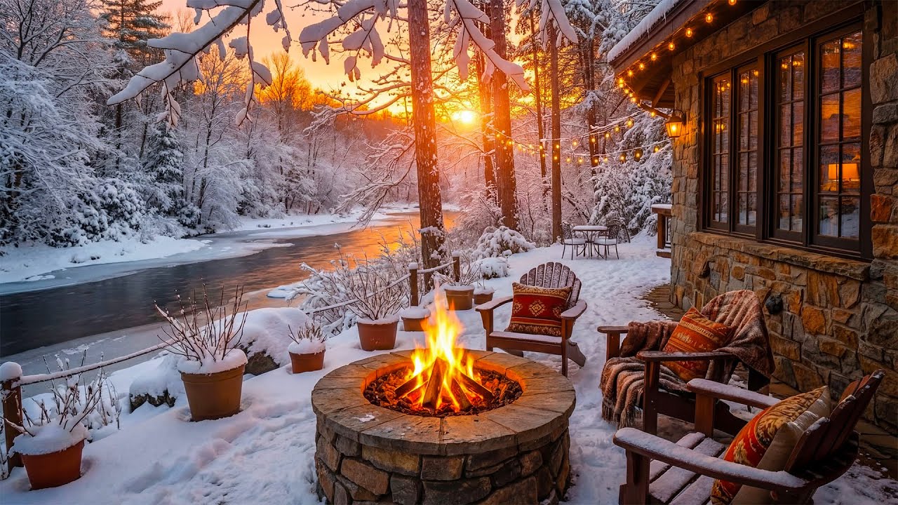 Silent Winter Porch Ambience ❄️🔥 Crackling Fire Pit, Flowing River & Cozy Cabin for Relaxation