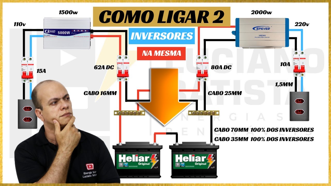Como ligar 2 INVERSORES diferente no mesmo banco de BATERIAS em 24v