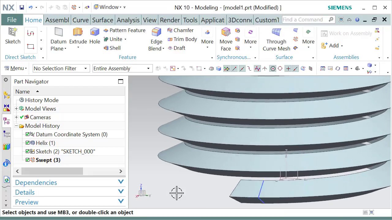 NX CAD Quick Video: How to Swept on a Helical Path
