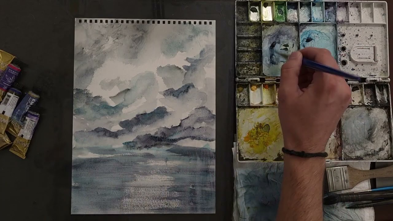 Hidden Sun Over Quiet Waters | Atmospheric Watercolor Landscape #409