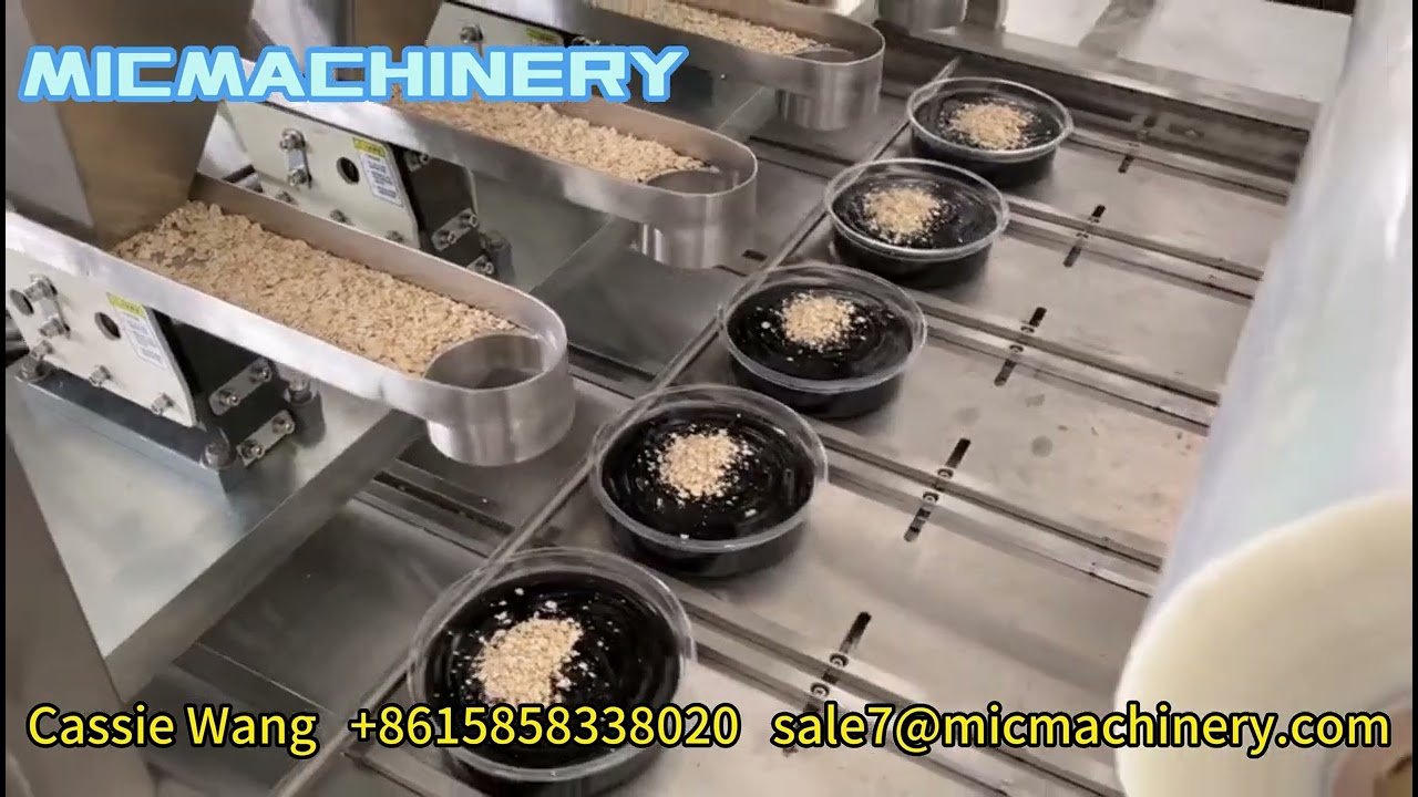 MIC Automatic Linear Type Hummus Cup Filling Granule Sprinkling Powder Sprinkling Sealing Machine