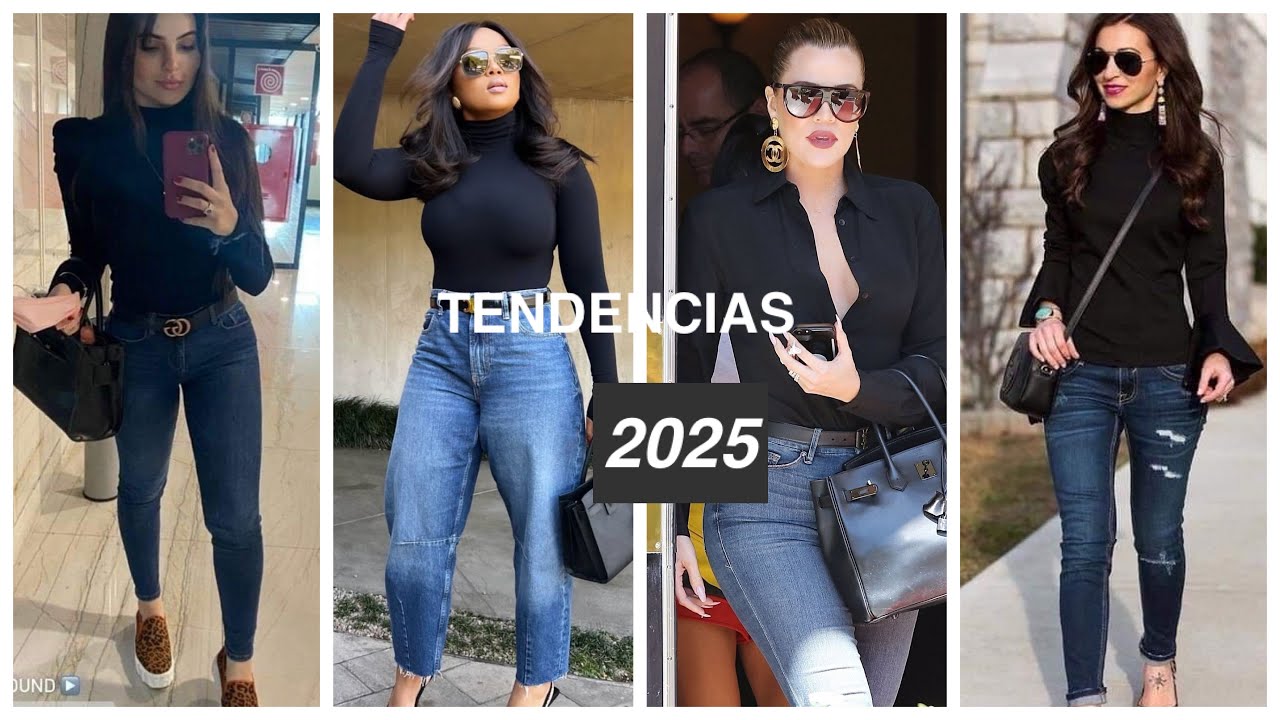TENDENCIAS DE MODA 2025 jeans y blusas negras para CHICAS CON ESTILO
