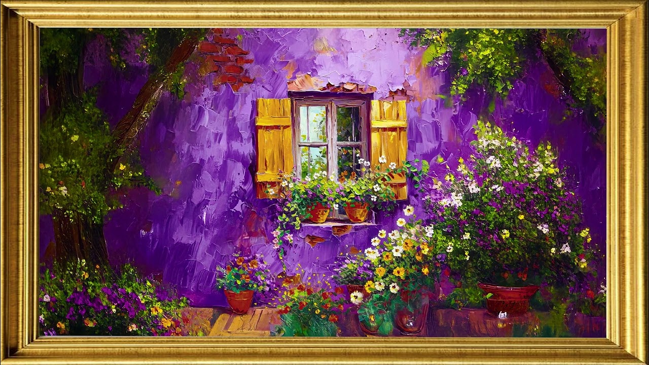 4K Art Screensaver – Cozy Purple House & Flower Garden Painting | No Music (2 Hours)