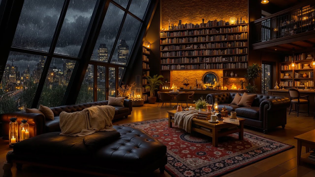 Relaxing Rainy Day in a Cozy Cafe Bookshop - Soft Rain Ambience and Smooth Jazz Piano for Working