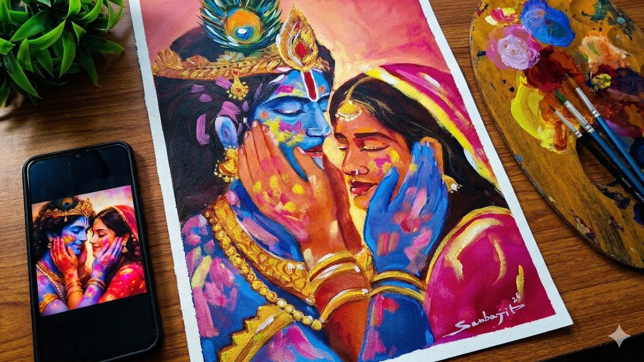 Radha Krishna Acrylic Colouring Process | Indian Traditional Painting