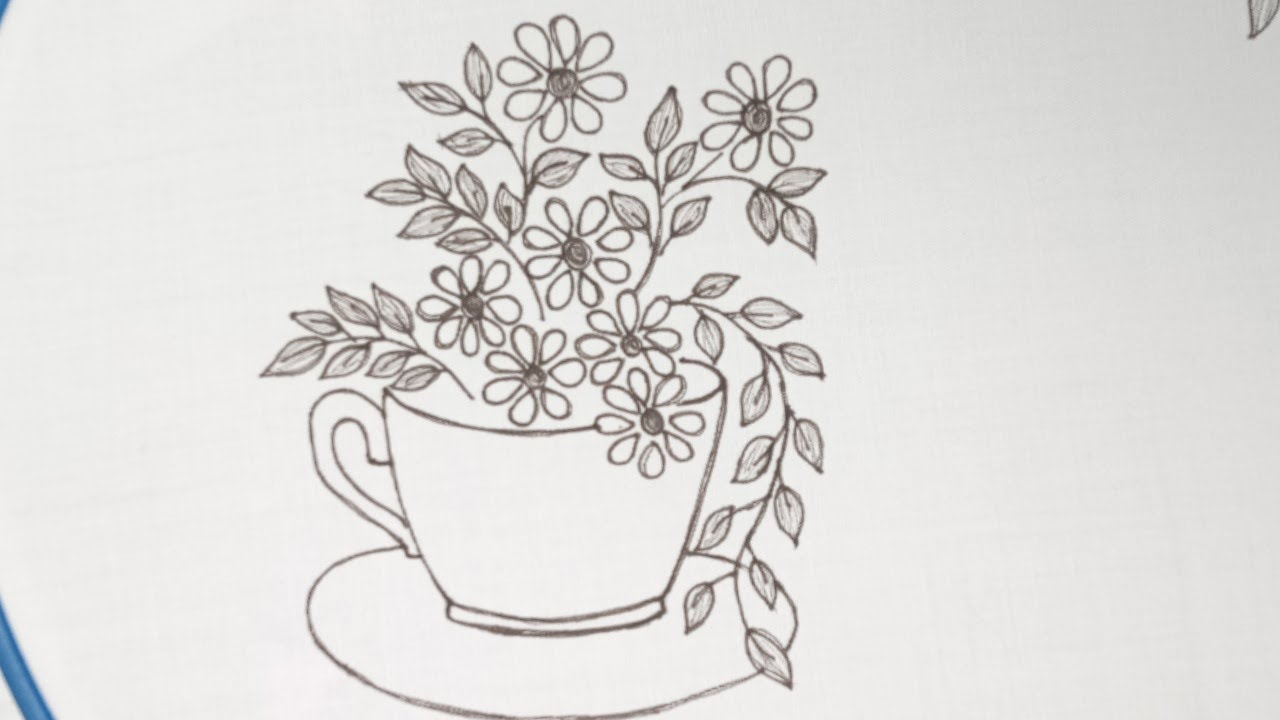 Hand embroidery, Very pretty, simple and easy embroidery of cup with little cute flowers
