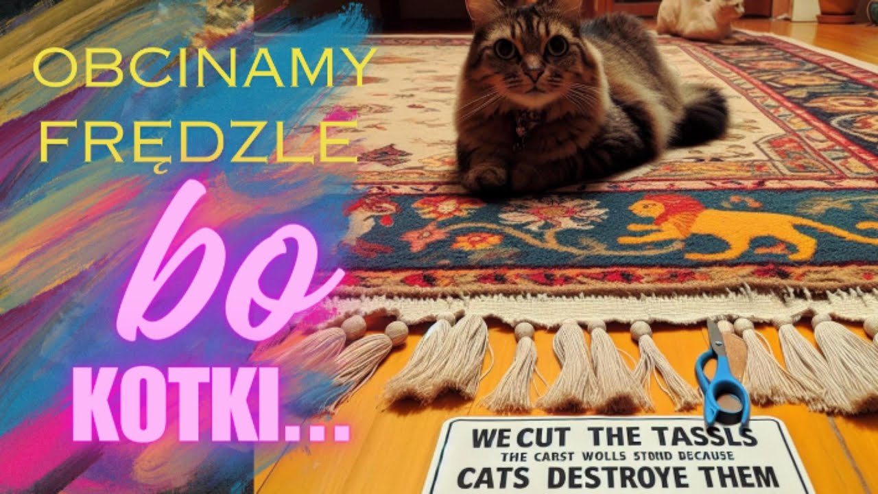 Ach te koty... ścinamy frędzle z wełnianego dywanu.